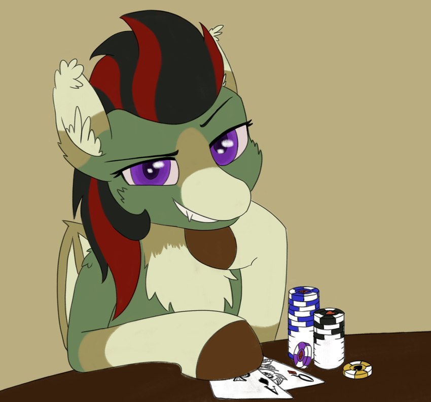 ace_of_spades bat_wings brown_hair card coat_markings female feral green_background green_body hair markings membrane_(anatomy) membranous_wings playing_card poker_chip poker_table purple_eyes queen_of_diamonds simple_background smile smiling_at_viewer solo tan_markings wings al_solae hasbro my_little_pony fan_character bat_pony equid mammal 2024 absurd_res hi_res