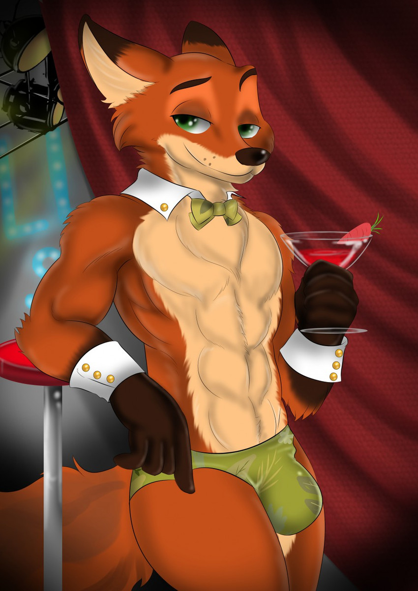 abs anthro biceps big_bulge bow_tie bulge chest_tuft clothed clothing cocktail_glass container cuff_links cup drinking_glass glass glass_container glass_cup male muscular muscular_anthro muscular_male shirt_cuffs solo topless tuft underwear checkhoff disney zootopia nick_wilde canid canine fox mammal red_fox true_fox hi_res