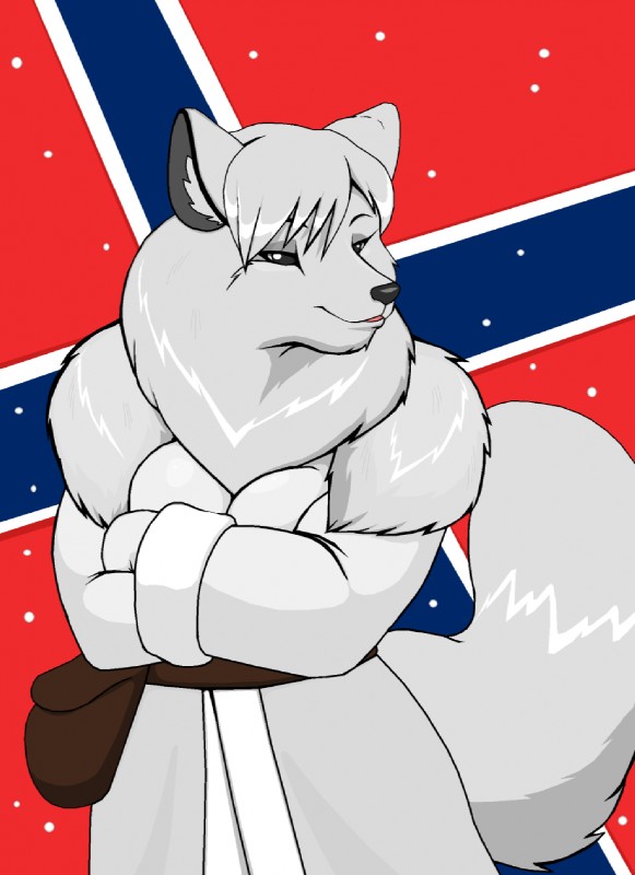 anthro big_tail black_eyes black_nose breasts clothed clothing coat crossed_arms female fluffy fur norway norwegian norwegian_flag open_mouth pink_tongue solo tail thick_thighs tongue topwear white_body white_fur world_war world_war_1 world_war_2 droll3 takras_(droll3) arctic_fox canid canine fox mammal true_fox 2013 hi_res