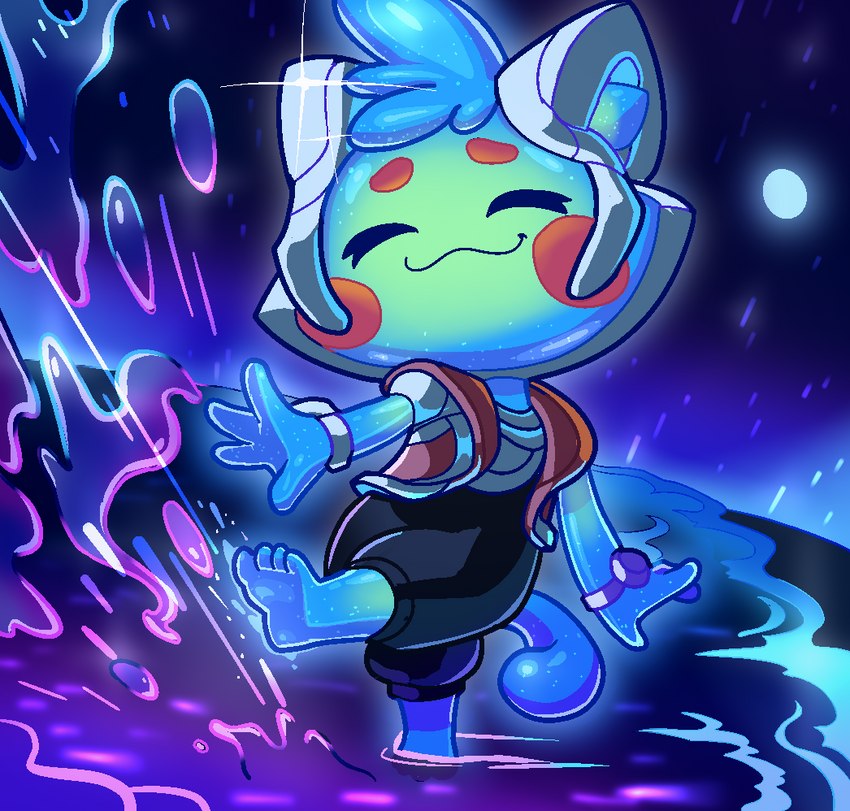 abstract_background blue_body blue_skin bracelet clothed clothing eyes_closed jewelry male partially_submerged smile solo topwear vest cupcakethesalty league_of_legends riot_games tencent space_groove_teemo teemo_(lol) goo_creature yordle