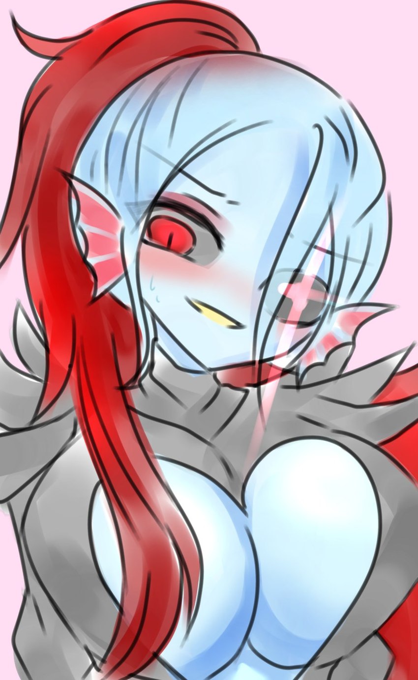 armor big_breasts blue_body blue_skin breasts cleavage clothed clothing eyeshadow female grey_sclera hair huge_breasts looking_at_viewer makeup multicolored_hair ponytail pupils red_eyeshadow red_pupils simple_background smile smug osaka_myun undertale undertale_(series) undyne undyne_the_undying animal_humanoid fish humanoid marine marine_humanoid monster 2023 hi_res