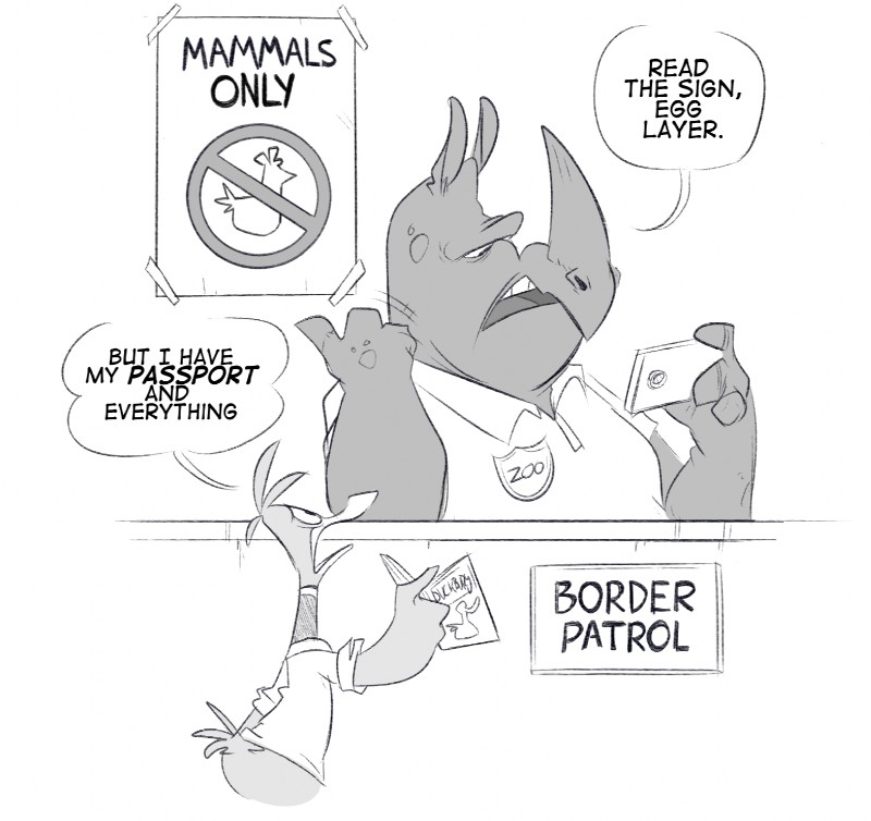 4_fingers anthro badge beak border cellphone clothed clothing desk dialogue disinterested duo electronics eyebrows feathers fingers furniture holding_object holding_phone horn inside male no_symbol open_mouth passport phone racism raised_inner_eyebrows sign speech_bubble table tail tail_feathers text white_border herny disney zootopia anatid anseriform avian bird duck mammal rhinoceros black_and_white english_text greyscale hi_res monochrome