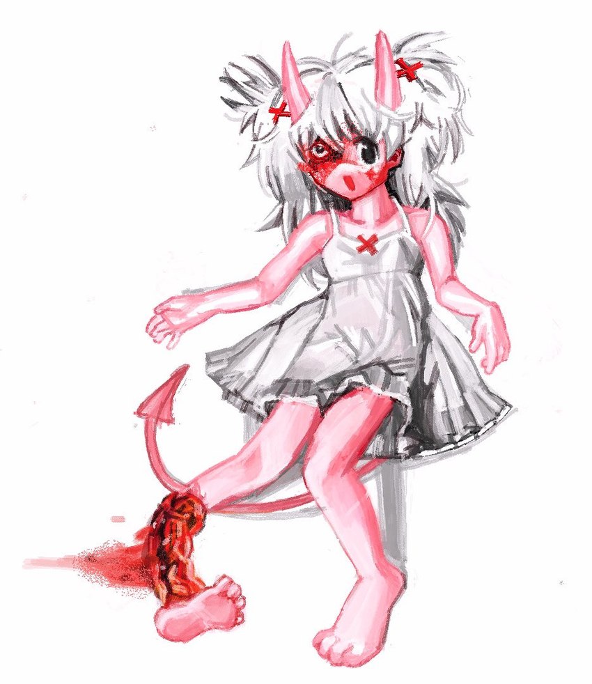 2_horns accessory blood bodily_fluids clothing dress feet female gore hair hair_accessory horn not_furry pink_body pink_skin simple_background smile solo spade_tail tail white_background white_hair wounded alunka demon demon_humanoid humanoid full-length_portrait portrait