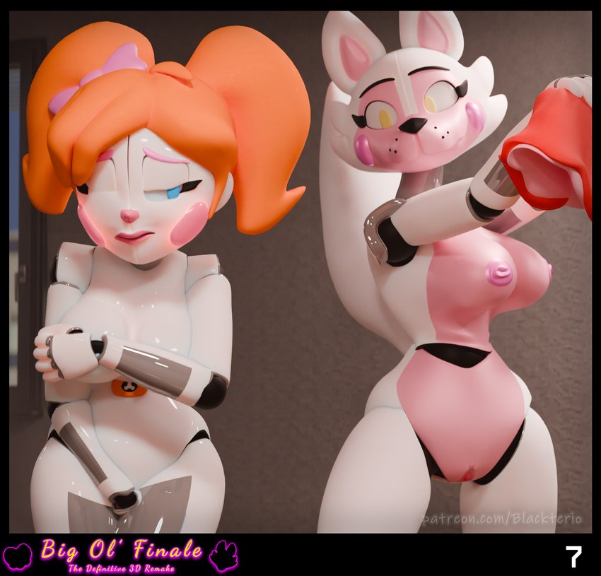 anthro areola assisted_exposure blue_eyes bottomwear clothed clothing duo female female/female genitals hair machine nipples nude orange_hair pussy red_bottomwear red_clothing red_skirt red_topwear skirt suit topless topwear white_body blackterio five_nights_at_freddy's scottgames sister_location circus_baby_(fnaf) funtime_foxy_(fnaf) animatronic canid canine fox humanoid mammal robot 2024 3d_(artwork) blender_(artwork) digital_media_(artwork) hi_res