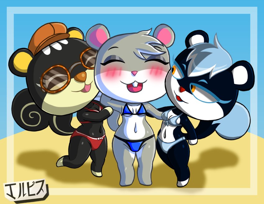 anthro beach bikini black_body black_fur blush clothing eyewear female female/female fur glasses grey_body grey_fur group hat headgear headwear orange_eyes sand seaside swimwear two-piece_swimsuit jackintaro animal_crossing nintendo agent_s_(animal_crossing) blaire_(animal_crossing) tasha_(animal_crossing) mammal rodent sciurid tree_squirrel hi_res