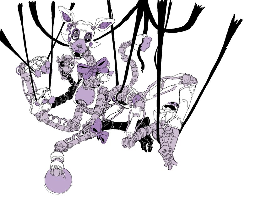 anthro biped bow_accessory claws female grey_body looking_at_viewer machine mangled purple_body simple_background solo toe_claws tongue tongue_out white_background white_body wire nsfuwu4 five_nights_at_freddy's five_nights_at_freddy's_2 scottgames mangle_(fnaf) animatronic canid canine mammal robot 2023 digital_media_(artwork) hi_res