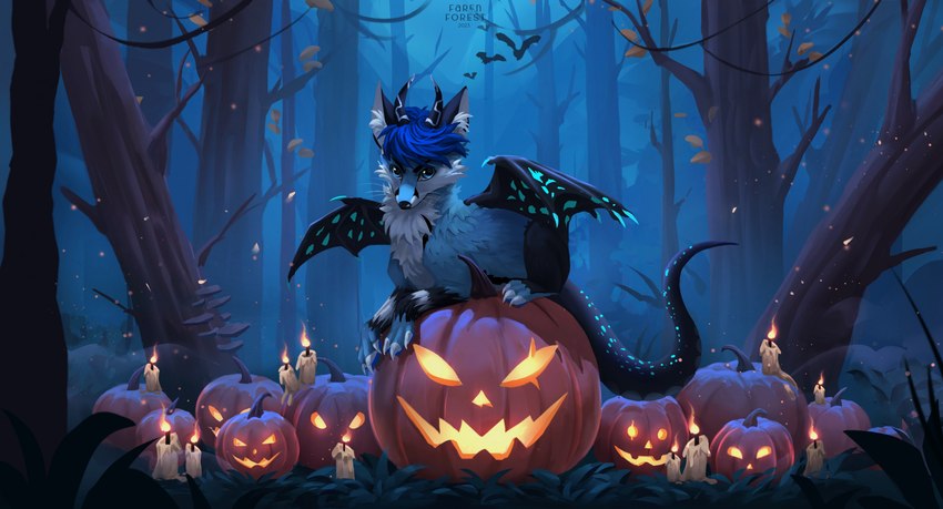 bar candle claws feral hair horn jack-o'-lantern looking_at_viewer lying on_front plant sitting solo tree twilight wings farenforest mythology canid canine dragon fox hybrid mammal mythological_creature mythological_scalie scalie hi_res