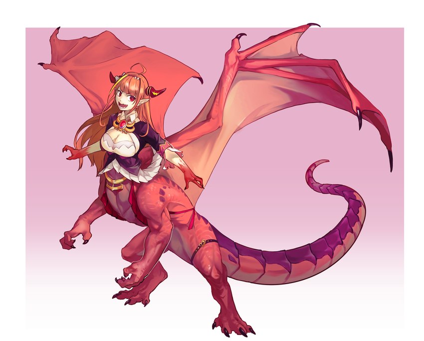 ahoge alternate_form big_breasts breasts claws cleavage clothed clothing female hair horn humanoid_pointy_ears long_hair looking_at_viewer multicolored_body multicolored_scales open_mouth orange_hair pointy_ears purple_body purple_scales purple_tail red_body red_eyes red_horn red_scales red_skin red_tail scales simple_background solo tail taurification taurified two_tone_body two_tone_scales two_tone_tail white_clothing wings oldnight hololive mythology vtuber coco_kiryu dragon dragon_taur humanoid_taur mythological_creature mythological_scalie scalie scalie_taur taur absurd_res hi_res