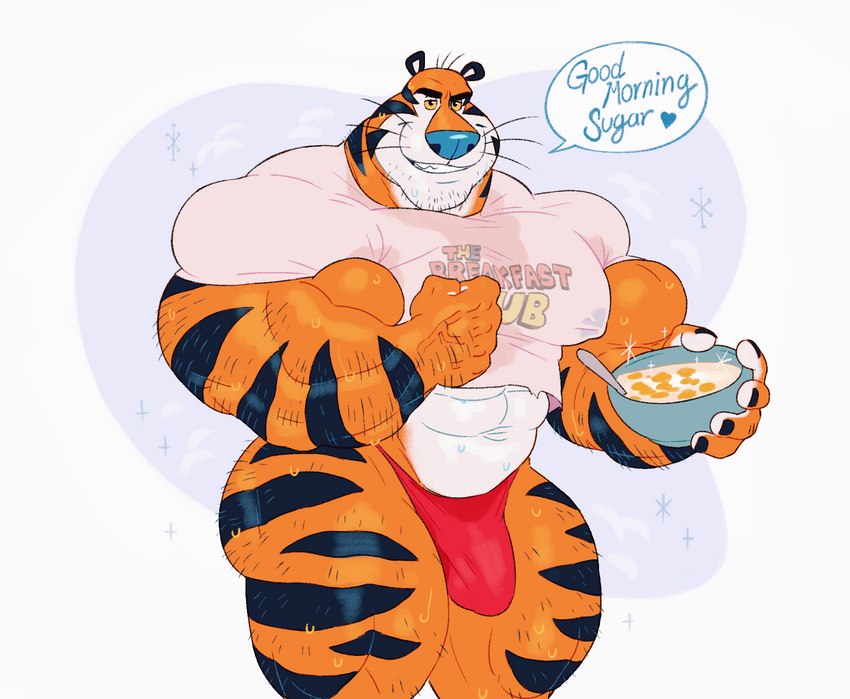 abs anthro barazoku biceps big_butt big_muscles big_pecs blue_nose bodily_fluids bowl bulge butt cereal clothed clothing container erection food fur genitals huge_butt looking_at_viewer male mascot muscular muscular_anthro muscular_arms muscular_male nipples orange_body orange_fur pecs penis shirt simple_background smile solo speech_bubble striped_body striped_fur stripes sweat teeth text thong topwear underwear mezcal_(artist) frosted_flakes kellogg's tony_the_tiger felid mammal pantherine tiger english_text hi_res