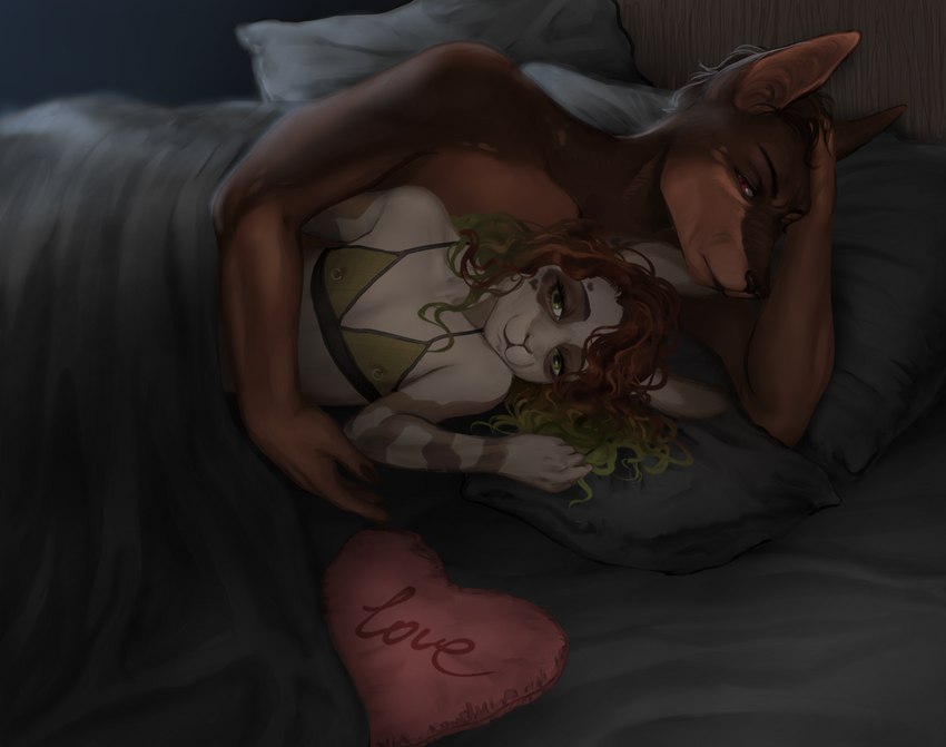 anthro arm_around_waist arm_support bed bra brown_body brown_fur brown_hair brown_skin clothed clothing cuddling detailed_background duo femboy fur furniture green_eyes green_hair hair hand_in_hair heart_(marking) heart_symbol highlights_(coloring) hug inside leaning_on_elbow light lingerie looking_at_another looking_at_partner looking_at_viewer lying male markings mottled mottled_body mottled_skin multicolored_body multicolored_fur multicolored_hair multicolored_skin nightwear nipple_piercing nipple_ring nipples nude on_bed on_side pale_body pale_skin partially_clothed piercing pillow red_eyes ring_piercing size_difference smile text text_on_pillow topless touching_hair translucent translucent_clothing under_covers underwear nazena_ra kain_vanderhilt sandry_vallheim canid canine canis dobermann domestic_dog lagomorph leporid mammal pinscher rabbit 2022 absurd_res colored detailed digital_drawing_(artwork) digital_media_(artwork) digital_painting_(artwork) english_text hi_res lighting shaded trans_(lore) trans_woman_(lore)