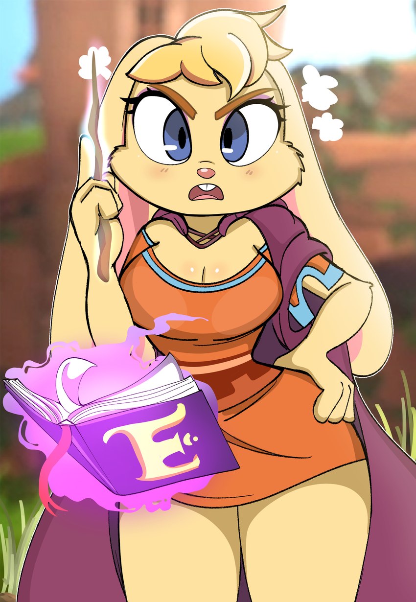 anthro big_breasts blush book breasts buckteeth cleavage cloak clothed clothing female hand_on_hip looking_at_viewer magic magic_glow open_mouth solo teeth wand wide_hips onibi activision spyro_the_dragon bianca_(spyro) lagomorph leporid mammal rabbit absurd_res hi_res