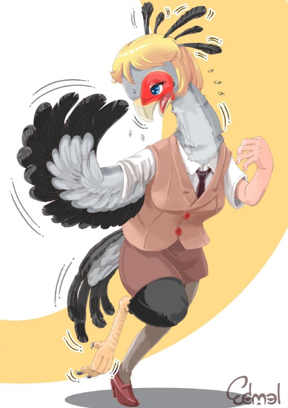 clothing feathered_wings feathers feet female footwear high_heels on_one_leg secretary shoes simple_background solo standing talons toes torn_clothing transformation wings edmol accipitriform avian bird secretary_bird 2019 hi_res