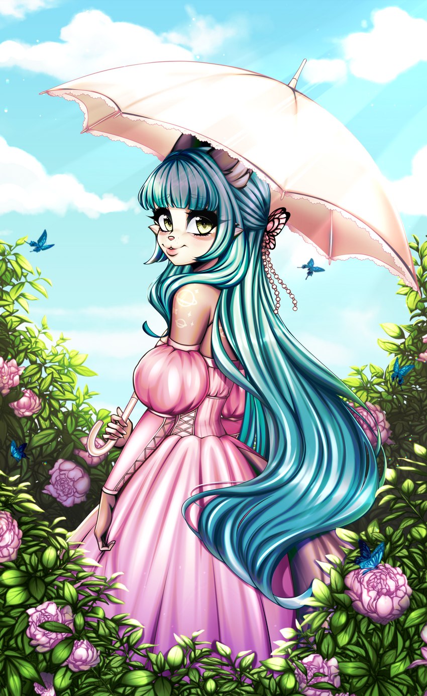 alternative_fashion anthro ball_gown biped classic_lolita clothed clothing cloud dress female flower fully_clothed garden hair hime_lolita j-fashion lolita_(fashion) long_hair outside parasol pink_clothing pink_dress plant princess rear_view royalty sky solo standing three-quarter_view yonachka_doki arthropod butterfly insect lepidopteran absurd_res digital_media_(artwork) hi_res portrait shaded three-quarter_portrait