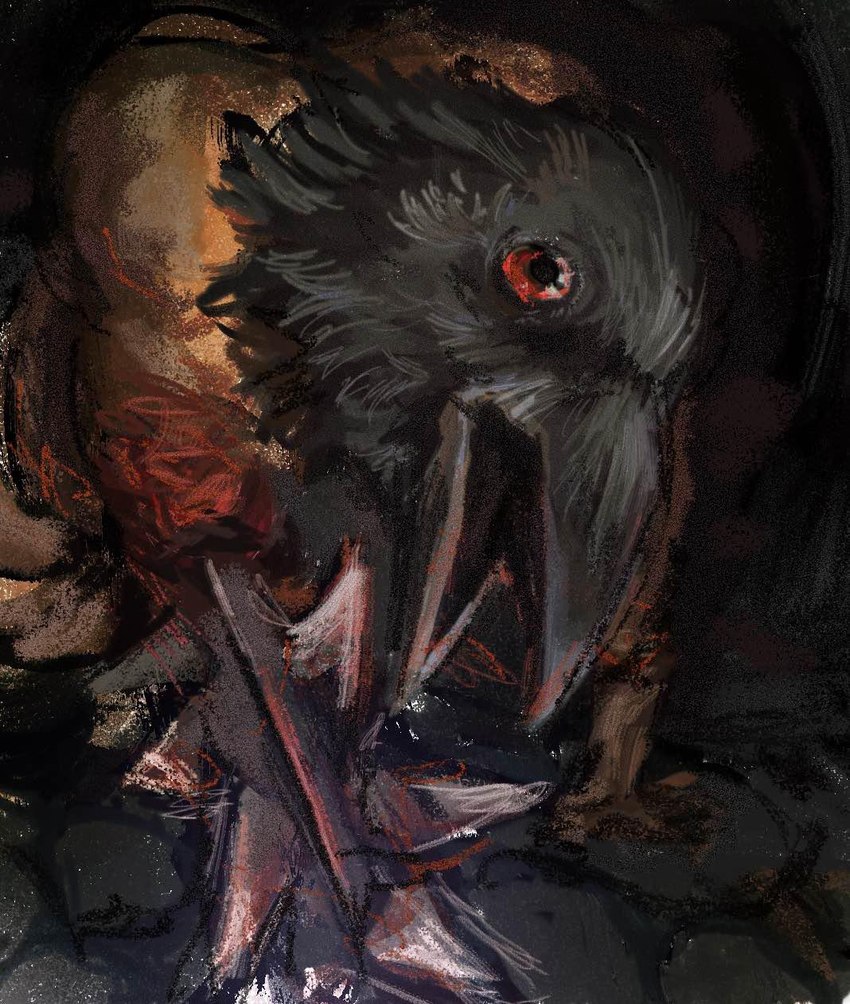 4_fingers amputee beak black_beak black_body black_feathers crawling disability feathers fingers for_a_head glistening glistening_body glistening_eyes hand_on_ground looking_at_viewer male melee_weapon muscular muscular_humanoid muscular_male open_beak open_mouth red_sclera solo spikes stone_floor weapon weapon_arm white_body white_skin racmik fear_and_hunger crow_mauler animal_head animal_humanoid avian avian_humanoid bird bird_humanoid corvid corvid_humanoid corvus_(genus) corvus_humanoid crow crow_humanoid humanoid oscine passerine 2024 colored hi_res shaded