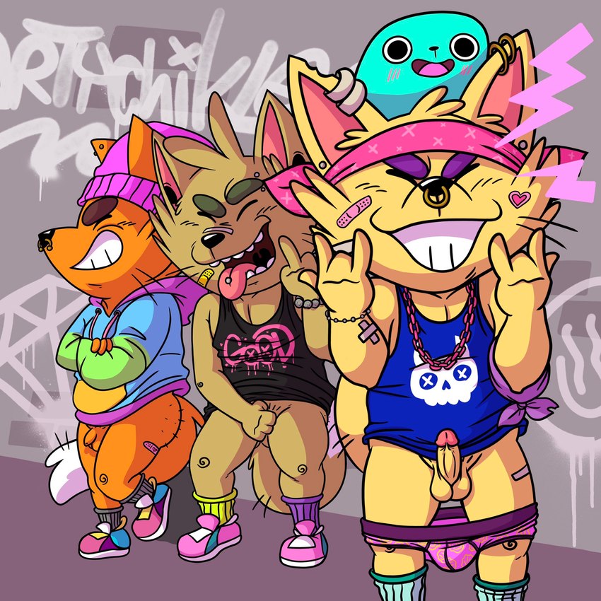 accessory anthro balls blush bottomless clothed clothing erection flaccid foreskin genitals graffiti grin group headband male male/male partially_clothed penis public public_nudity shirt smile tank_top topwear trio underwear underwear_down rthur canid canine fox mammal 1:1 hi_res