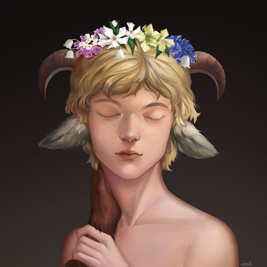 animal_ears blonde_hair caressing caressing_neck duo eyes_closed flower flower_crown freckles goat_ears hair horn male plant solo_focus wreath young vival saffi_kyrius bovid caprine goat human humanoid hybrid mammal satyr 1:1 absurd_res colored digital_media_(artwork) hi_res portrait signature