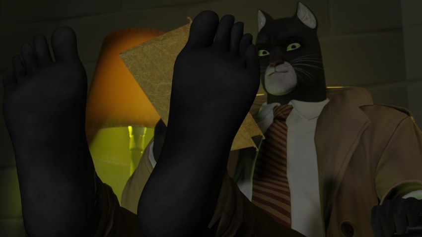 5_toes anthro barefoot black_body black_fur blouse clothing coat feet file_folder foot_fetish fur humanoid_feet inside lamp lights looking_at_viewer male necktie plantigrade prick_ears soles solo toes topwear whiskers white_body white_fur dbzdr blacksad john_blacksad felid feline mammal 16:9 2021 3d_(artwork) digital_media_(artwork) story story_in_description widescreen