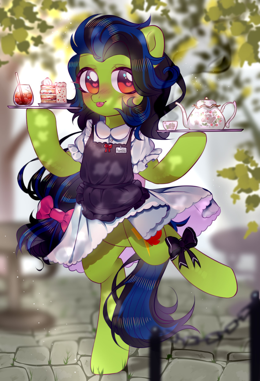 ^_^ beverage black_hair blue_hair blush cake clothed clothing cutie_mark day dessert eyes_closed female food green_body green_skin hair multicolored_hair question_mark red_eyes ribbons smile solo tea tongue tongue_out unknown_artist hasbro my_little_pony aurelia_blaze_(oc) fan_character equid equine horse mammal pony may_(disambiguation) hi_res