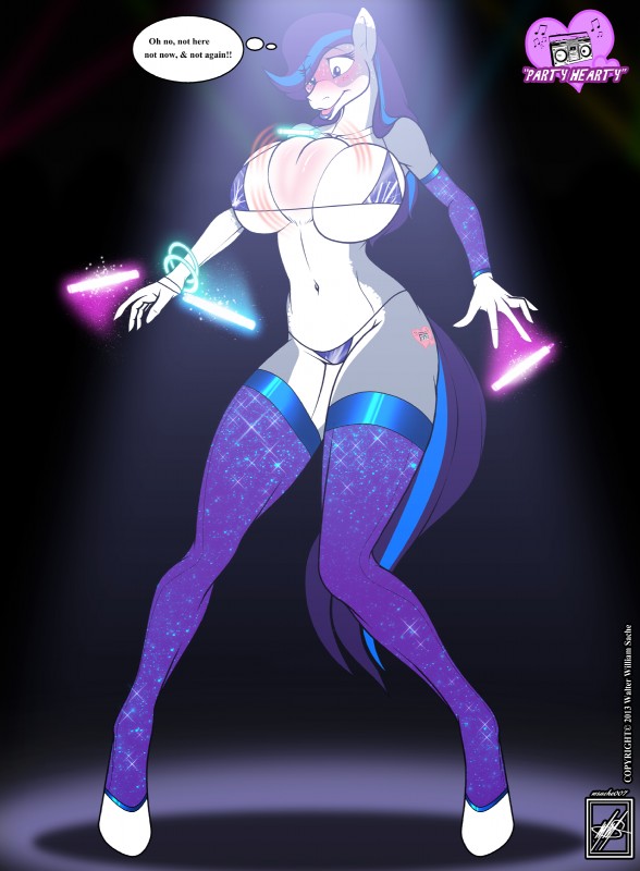 anthro big_breasts bikini blue_eyes blue_lips blush bracelet breasts bulge cardiophilia clothed clothing cutie_mark dancing electronics female footwear freckles fur glow_ring glowing glowstick glowsticking glowstringing hair heart_symbol jewelry legwear lips lipstick looking_at_viewer makeup multicolored_hair panicking party radio rave skimpy socks solo stockings swimwear thick_bottom_lip thigh_highs tight_clothing toeless_footwear toeless_socks two-piece_swimsuit two_tone_hair white_body white_fur walter_sache hasbro my_little_pony party_hearty equid equine horse mammal 2013 absurd_res digital_media_(artwork) hi_res