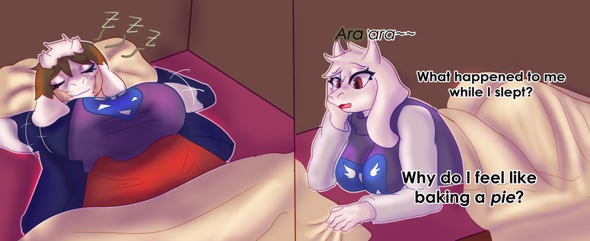 anthro bed big_breasts breasts delta_rune_(emblem) female furniture identity_conversion male mind_alteration sleeping solo symbol symbol_on_clothing text transformation transformation_sequence crumbleumble deltarune undertale undertale_(series) toriel boss_monster_(undertale) human humanoid mammal english_text hi_res