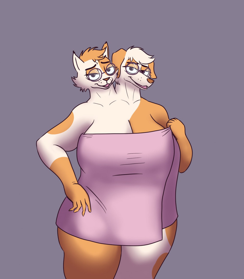 2_heads anthro breasts cleavage clothed clothing conjoined eyewear female glasses grey_background multi_head simple_background solo stuck_together towel towel_only theyton canid canine canis domestic_cat domestic_dog felid feline felis mammal hi_res