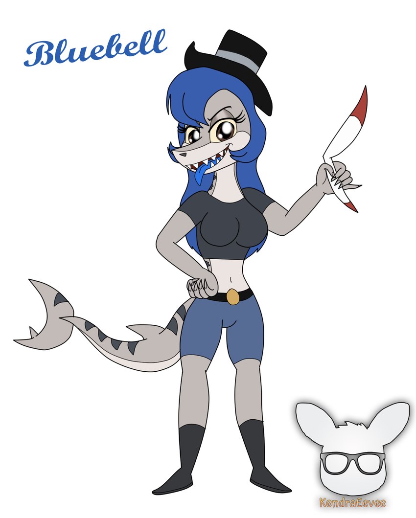 anthro blue_hair blue_tongue boomerang brown_eyes clothing cowboy_hat female hair hat headgear headwear sharp_teeth solo teeth tongue yellow_sclera kendratheshinyeevee bluebell_(kendraeevee) fan_character blue-tongued_skink fish hybrid lizard marine reptile requiem_shark scalie shark skink tiger_shark hi_res