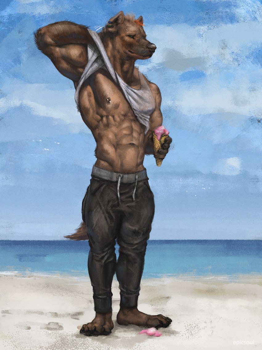 4_toes 5_fingers abs anthro barefoot beach biceps black_bottomwear black_clothing black_nose black_pants bottomwear brown_body brown_fur brown_hair claws clothed clothing cloud dark_body dark_fur dessert ear_piercing eyes_closed feet fingers food fur hair ice_cream ice_cream_cone male markings muscular muscular_anthro muscular_male navel nipple_piercing nipples orange_hair pants pawpads paws pecs piercing plantigrade raised_arm sand sea seaside serratus shirt sky solo spots spotted_body standing tank_top toe_claws toes topwear triceps waffle_cone water whiskers white_clothing white_shirt white_tank_top white_topwear epic_soul kaiden_(epic_soul) hyena mammal spotted_hyena 3:4 digital_media_(artwork) hi_res