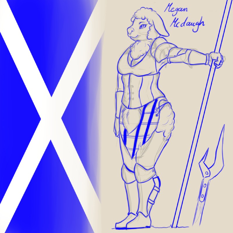 anthro armor biped bottomwear bracers breasts chest_tuft clothing corset female fur glaive glaive_fork greaves holding_object holding_weapon kilt lingerie loincloth melee_weapon pauldron pike_(weapon) polearm saltire scottish scottish_flag smile solo sporran standing topwear tuft weapon blackbetty megan_mcdaugh bovid caprine domestic_sheep mammal sheep 1:1