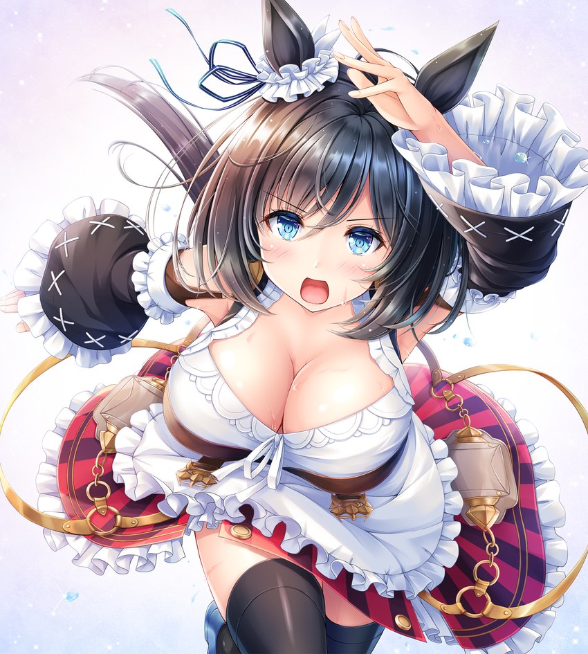 absolute_territory armwear big_breasts black_hair blue_eyes bodily_fluids breasts cleavage clothed clothing detached_sleeves dress female hair legwear running solo sweat thigh_highs akasiosio cygames uma_musume_pretty_derby eishin_flash_(pretty_derby) animal_humanoid equid equid_humanoid equine equine_humanoid horse_humanoid humanoid mammal mammal_humanoid 2021 hi_res