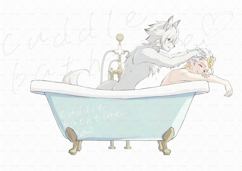 anthro bath bathing bathing_together bathtub bubble claw_foot_bathtub duo fur humanoid_pointy_ears male male/male nude pointy_ears washing_hair white_body white_fur buon_zzz mihoyo zenless_zone_zero hugo_vlad von_lycaon canid canine canis humanoid mammal wolf