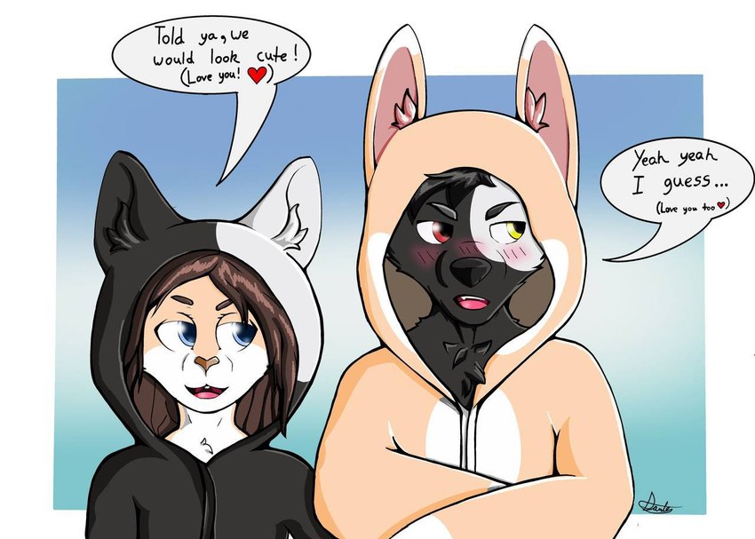 anthro black_body black_fur blue_eyes blush brown_hair clothing duo embarrassed fur hair heterochromia hoodie kigurumi male onesie tan_body tan_fur text topwear white_body white_fur dante_mutt_(artist) azki_(azki_wolf) exphilia canid canine canis lagomorph leporid mammal rabbit wolf english_text