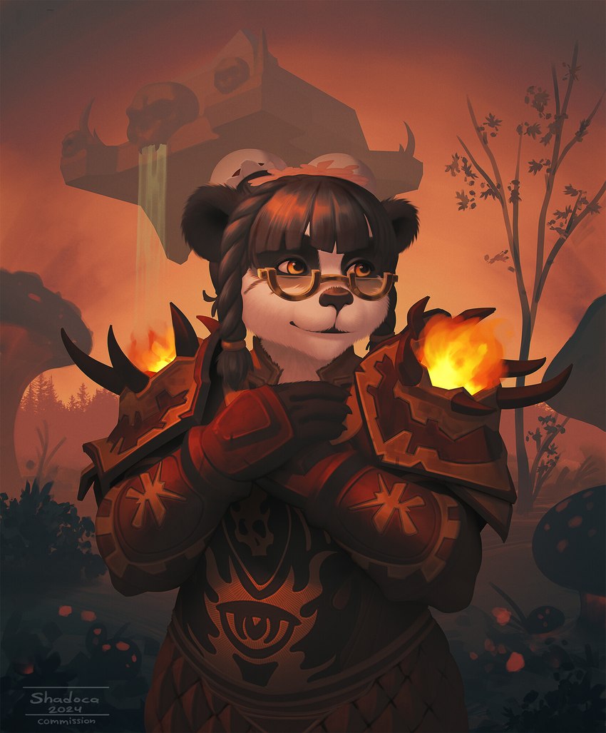 anthro braided_hair dead_tree eastern_plaguelands eyewear female glasses hair hair_bun hair_buns magic_user orange_eyes orange_sky plant shaman sky solo tree tribal_spellcaster shadoca blizzard_entertainment warcraft bear giant_panda mammal pandaren hi_res