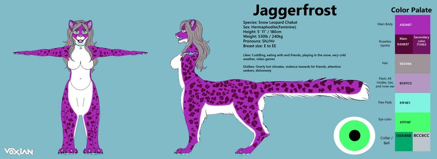 female fluffy fluffy_tail fur green_eyes hair leopard_spots pawpads paws purple_body purple_fur solo spots tail text white_body white_fur chakatjaggerfrost(artist) chakat_jaggerfrost(chakatjaggerfrost) chakat felid felid_taur feline feline_taur mammal mammal_taur pantherine pantherine_taur snow_leopard snow_leopard_taur taur absurd_res english_text hi_res model_sheet herm_(lore)