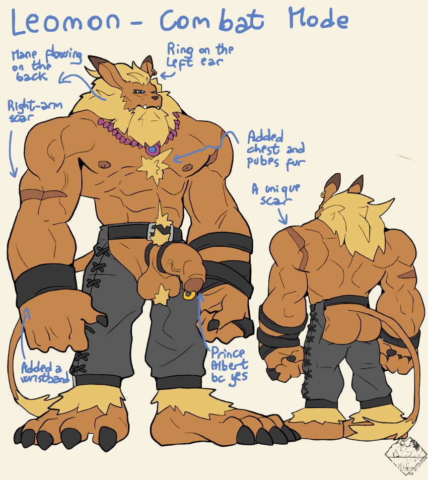 barazoku bottomwear clothing leather leather_bottomwear leather_clothing leather_pants male mane muscular pants solo text rickleone bandai_namco digimon digimon_(species) felid leomon lion mammal pantherine himbo english_text model_sheet