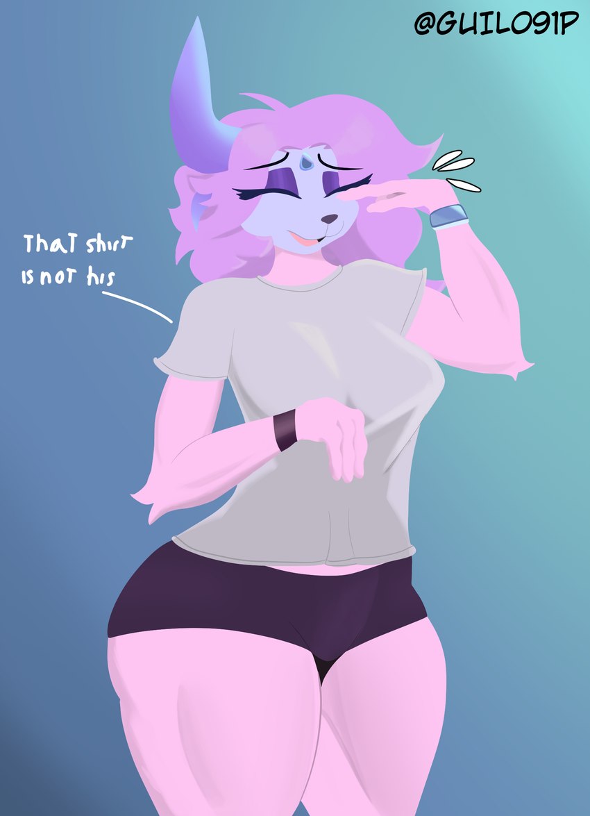 anthro big_butt breasts butt clothing female front_view hair medium_breasts pink_body pokemorph purple_hair shirt short solo thick_thighs topwear guilo91p nintendo pokemon fan_character absol generation_3_pokemon pokemon_(species) hi_res