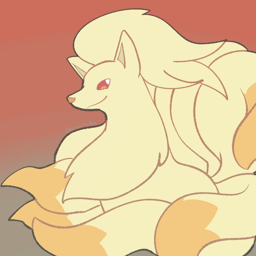 ambiguous_gender chest_tuft feral multi_tail red_eyes simple_background sitting smile solo tail tuft kompeito nintendo pokemon generation_1_pokemon ninetales pokemon_(species) 1:1 hi_res