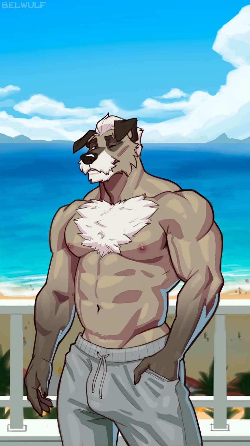 abs anthro beach biceps big_bulge biped body_hair bulge chest_hair clothed clothing deltoids detailed_bulge drawstring eyebrow_scar eyebrows facial_scar genital_outline grey_hair grey_sweatpants hair hand_in_pocket looking_at_viewer male male_anthro manly mature_male muscular muscular_male navel nipples obliques one_eye_closed outside pecs penis_outline pockets railing scar seascape sky solo topless triceps water wink winking_at_viewer belwulf canid canine canis domestic_dog mammal 2024 absurd_res hi_res