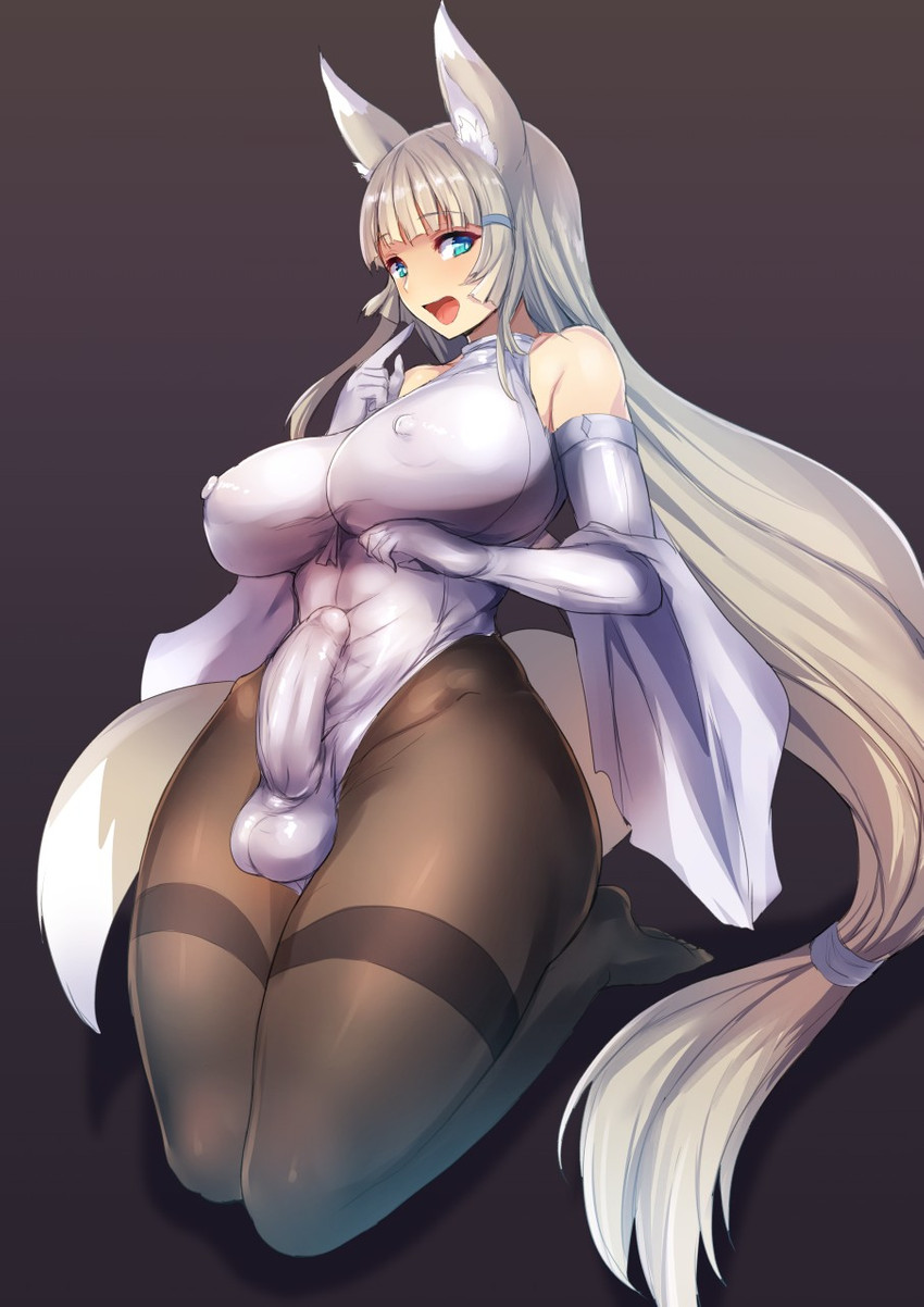 balls big_breasts blonde_hair blue_eyes breasts bulge clothing detailed_bulge erection genital_outline genitals gynomorph hair intersex legwear looking_at_viewer nipple_outline open_mouth pantyhose penis penis_outline solo thick_thighs wide_hips ubanis animal_humanoid canid canid_humanoid canine canine_humanoid fox_humanoid humanoid mammal mammal_humanoid hi_res