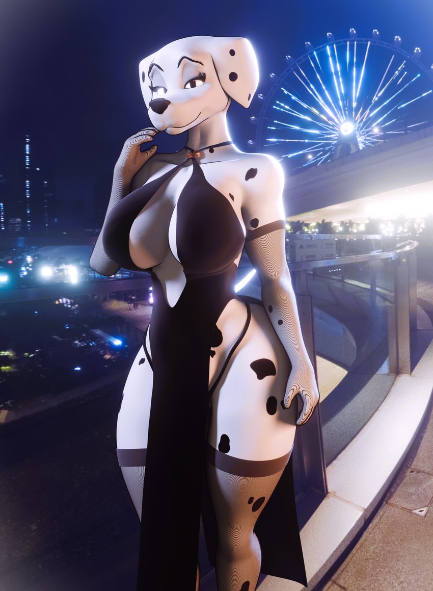 amusement_ride anthro bedroom_eyes big_breasts breasts clothed clothing dress female ferris_wheel fur gloves half-closed_eyes handwear huge_breasts looking_at_viewer markings mature_female modern_architecture narrowed_eyes seductive smile solo spots spotted_body thick_thighs white_body white_fur wide_hips humblestone2 carbiid3_(modeler) 101_dalmatians disney perdita canid canine canis dalmatian domestic_dog mammal 3d_(artwork) digital_media_(artwork) hi_res