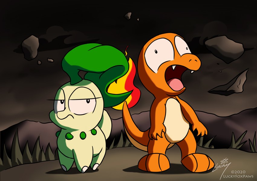 ambiguous_gender dark_world duo feral fire flaming_tail floating_rocks frown grass green_body hill narrowed_eyes open_mouth orange_body plant tail wide_eyed luckyfoxpaws nintendo pokemon pokemon_mystery_dungeon spike_chunsoft lucky_(luckyfoxpaws) summer_(luckyfoxpaws) charmander chikorita generation_1_pokemon generation_2_pokemon pokemon_(species) 2020 digital_drawing_(artwork) digital_media_(artwork) signature male_(lore)