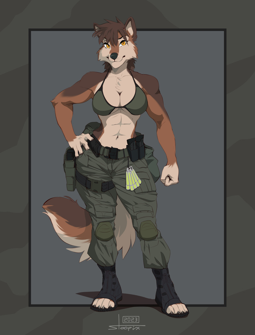abs anthro athletic athletic_female bikini bikini_top breasts cleavage clothed clothing female law_enforcement police solo special_forces swimwear tactical tactical_gear tomboy two-piece_swimsuit under_boob stoopix swat sierra_howlett canid canine canis mammal wolf 2023 absurd_res hi_res