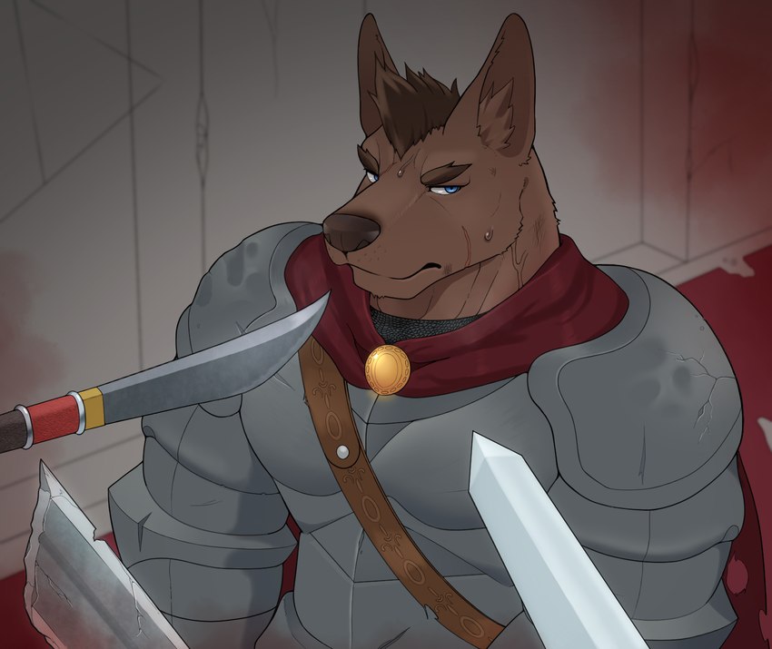 anthro armor belt blue_eyes bodily_fluids broken_sword brown_body brown_fur cape chainmail clothing defeated full_armor fur group hair inside male melee_weapon polearm scar spear sweat sword trio vein weapon gekishiro canid canine canis domestic_dog mammal hi_res