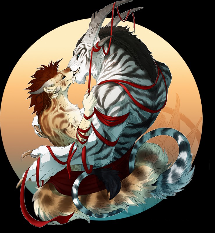 4_ears blue_eyes claws clothed clothing duo entwined_tails fangs female fur horn hug kissing larger_male male male/female mane multi_ear ribbons size_difference smaller_female striped_body striped_fur stripes tail tail_coil teeth topless blackchaos666 guild_wars charr felid mammal alpha_channel watermark