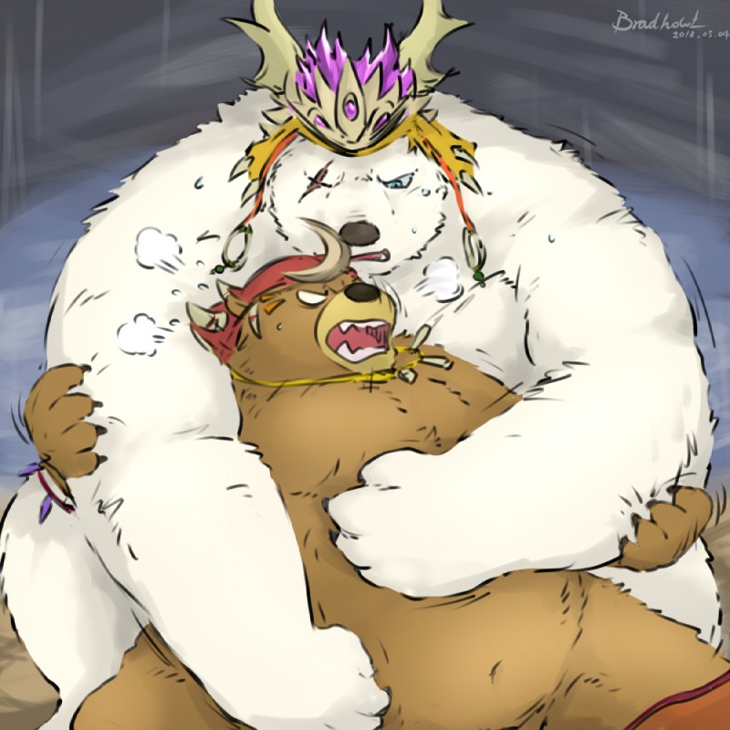 anthro bodily_fluids brown_body brown_fur crown duo fur headgear hug male male/male nude open_mouth overweight scar sharp_teeth sitting slightly_chubby sweat teeth toony white_body white_fur mtflying30371 sdorica crushfang_(sdorica_sunset) dagger_(sdorica_sunset) bear mammal 1:1