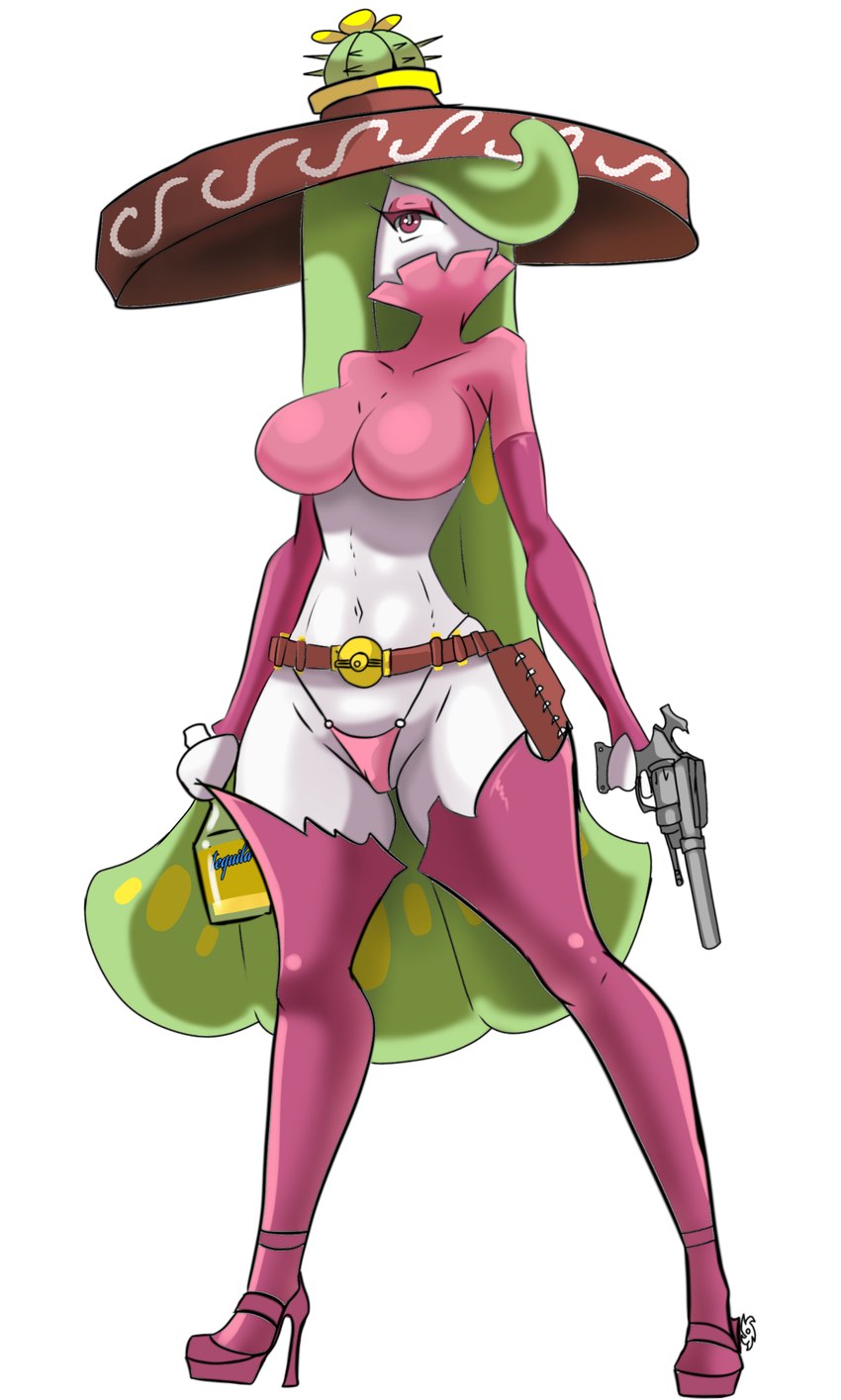 3_fingers alcohol bandolier beverage big_breasts boots breasts cactus_flower clothed clothing covered_mouth duo female fingers footwear green_hair gun hair hair_over_eye handgun high_boots high_heeled_boots high_heels midriff not_furry one_eye_obstructed ranged_weapon red_eyes revolver shoes simple_background skimpy spurs tequila thick_thighs thong underwear v-line weapon white_background inkrait nintendo pokemon mercedes_(atomic417) generation_7_pokemon humanoid pokemon_(species) tsareena 2020 absurd_res hi_res