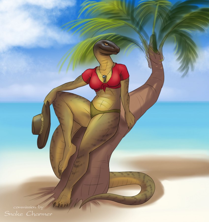 anthro beach breasts claws clothing crop_top female hat headgear headwear jewelry leaning leaning_backward long_tail looking_at_viewer necklace non-mammal_breasts palm_tree plant sand shirt smile solo swimwear tail thick_tail topwear tree water alvanarry reptile scalie snake hi_res