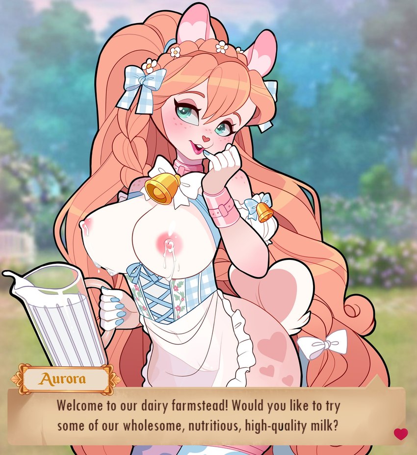 anthro apron barmaid bell bell_accessory beverage big_breasts blush bodily_fluids bracelet breasts clothing dialogue exposed_breasts eyeshadow female freckles fur genitals green_eyes hair holding_beverage holding_object huge_breasts jewelry lactating long_hair makeup milk navel open_mouth orange_hair pink_eyeshadow pussy solo talking_to_viewer tan_body tan_fur text thick_thighs white_body white_fur wide_hips parfaitbunny parfait_(parfaitbunny) lagomorph leporid mammal rabbit english_text hi_res