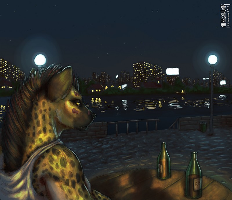 anthro city female fur muscular muscular_anthro muscular_female night nightime outside sky solo alekksandar conditional_dnp zaraza hyena mammal spotted_hyena hi_res