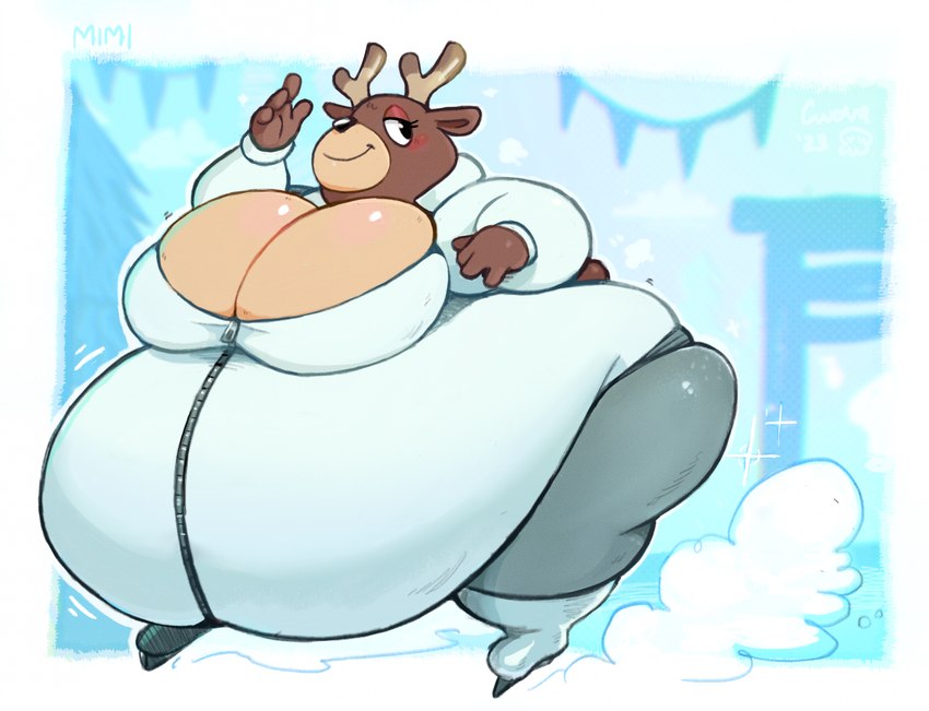 anthro antlers back_fat belly big_belly big_breasts big_butt blue_background breasts brown_body brown_fur butt clothed clothing female fur horn huge_belly huge_breasts huge_butt huge_hips huge_thighs hyper hyper_belly hyper_breasts hyper_butt hyper_hips hyper_thighs ice_skates lidded_eyes morbidly_obese morbidly_obese_anthro morbidly_obese_female obese obese_anthro obese_female overweight overweight_anthro overweight_female simple_background smile solo thick_thighs turquoise_background wide_hips plushclover bunny_hill mimi_(bunny_hill) deer mammal new_world_deer reindeer hi_res