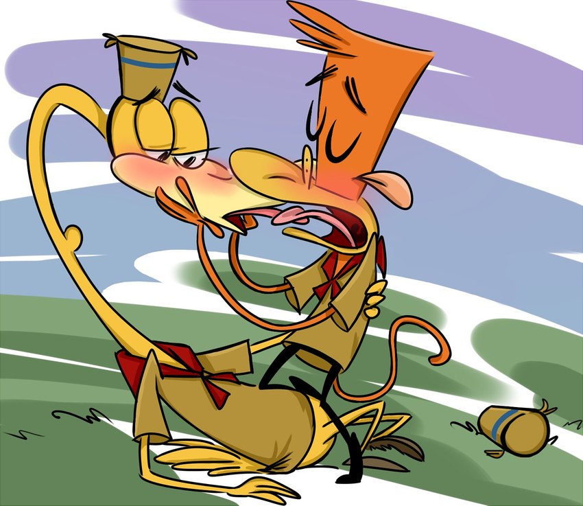 blush clothed clothing duo french_kissing kissing male male/male young foxywolxy camp_lazlo cartoon_network dave_(camp_lazlo) lazlo atelid avian haplorhine loon mammal monkey new_world_monkey primate spider_monkey hi_res